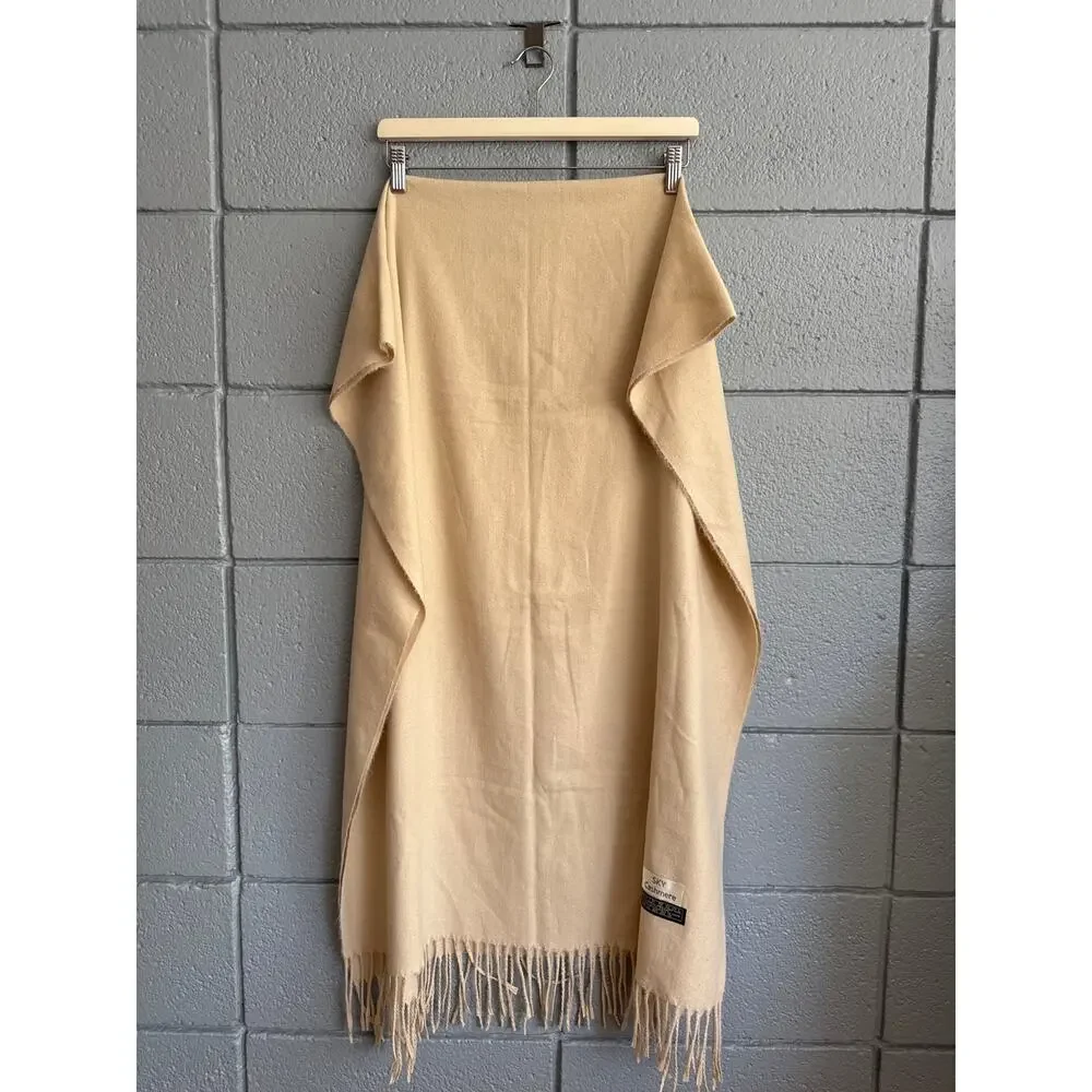 Sky Cashmere Cozy 100% Wool Fringe Scarf Shawl in Beige Tan